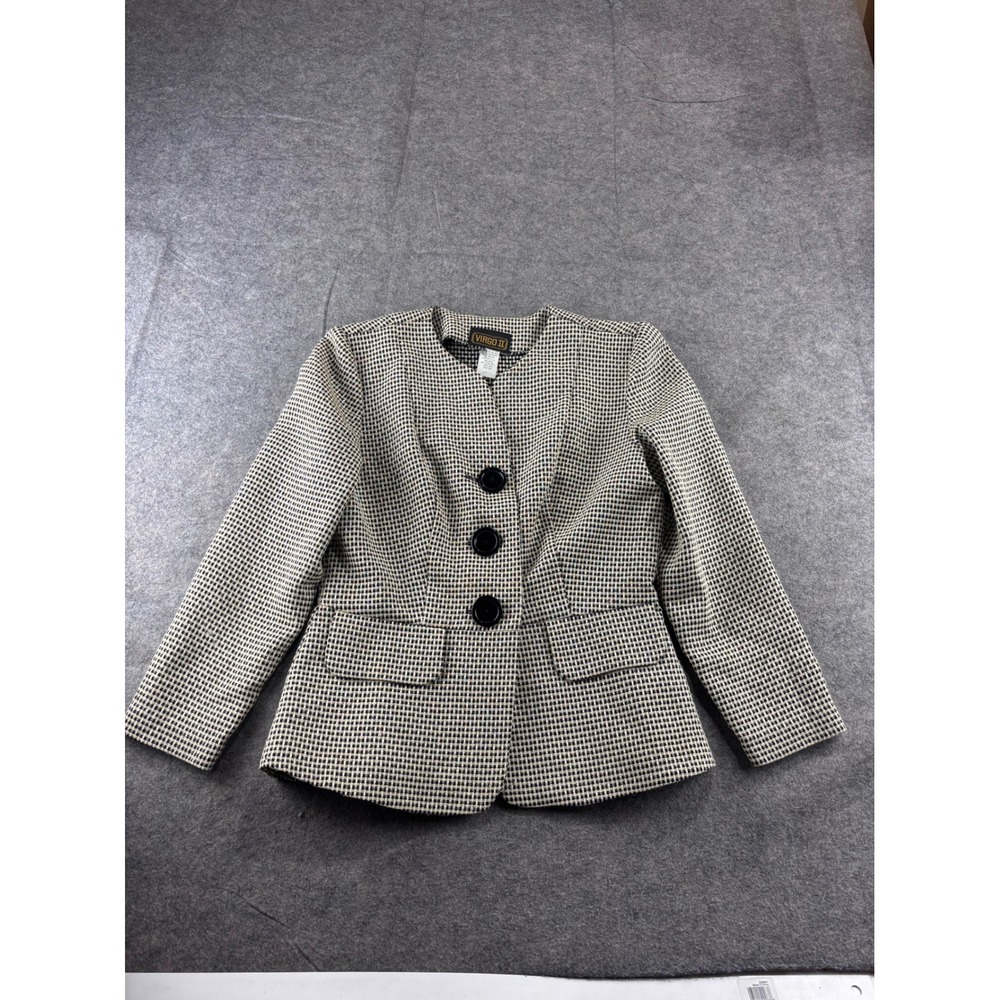 Virgo II Womens Black White Micro Check Collarless Blazer Jacket Size 8 Prep SEE